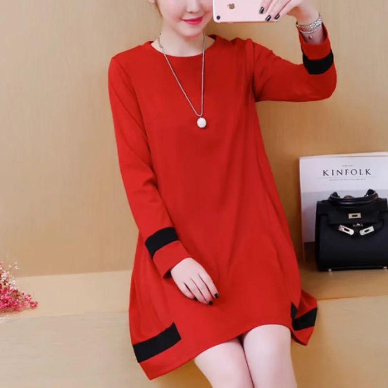 Top Trends: Women Autumn Winter Korean New O-Neck Plus Size Dress Solid Printed Spliced Loose Look Thinner Midi Length Long Sleeve Dress Shoppable Styles - Image 4