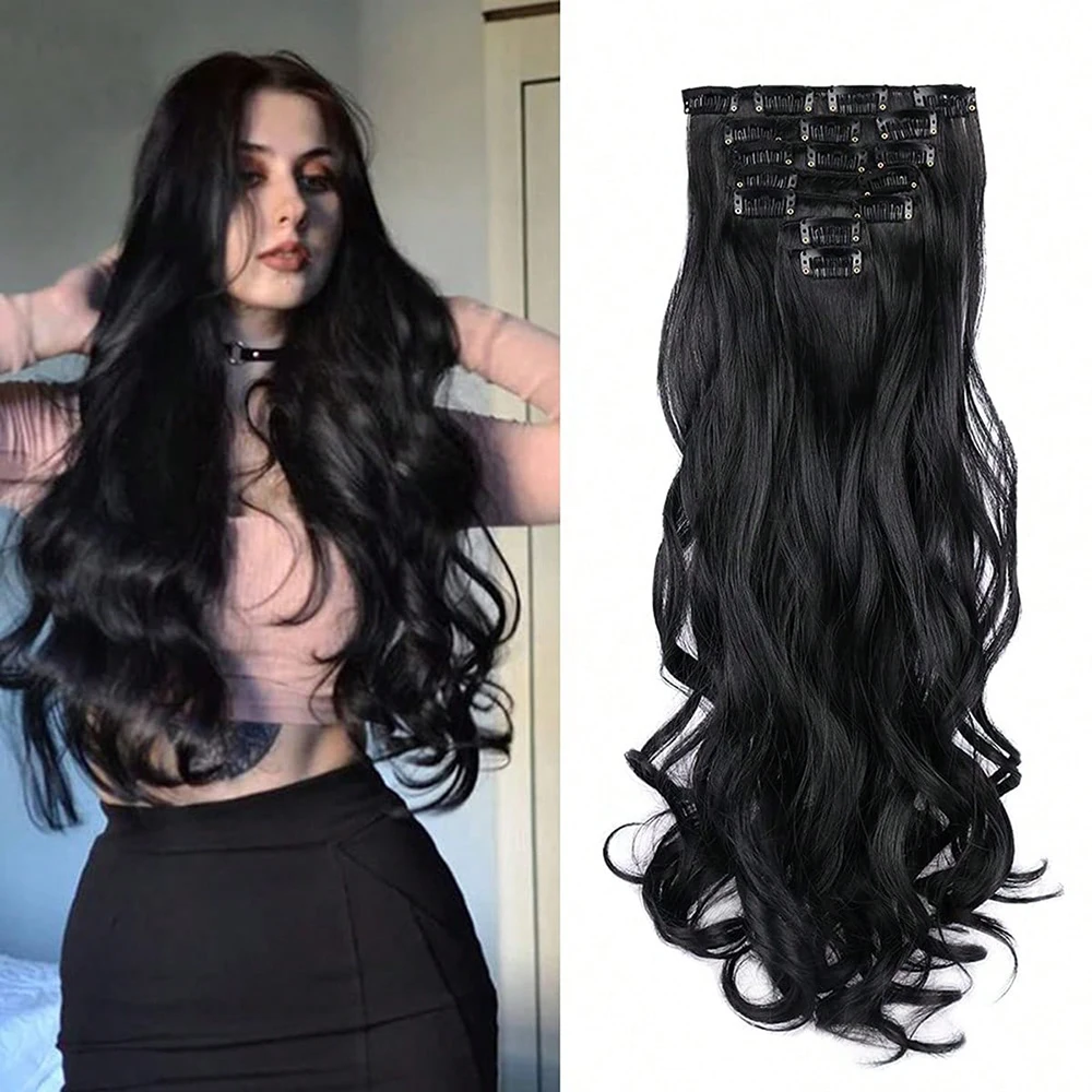 Top Trends: Black Friday 7Pcs 16 Clips 24 Inch Wavy Curly Full Head On Double Weft Hair Extensions Dark Black24 Inch For Women In Daily Use Shoppable Styles