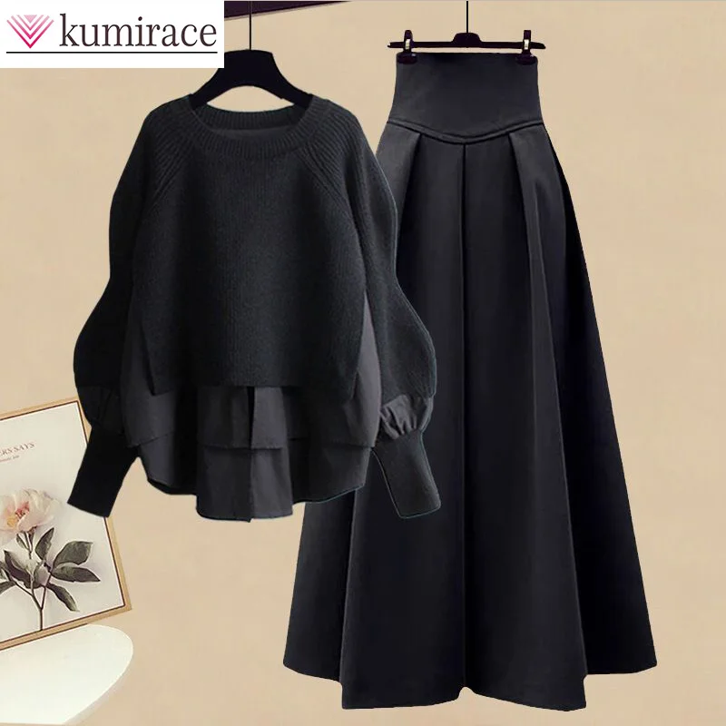 Top Trends: Large Women's Autumn Set 2023 New Fashion Fake Two Piece Top Style Slim Half Skirt Two Piece Setwinter Clothes Womenmatching Set Shoppable Styles