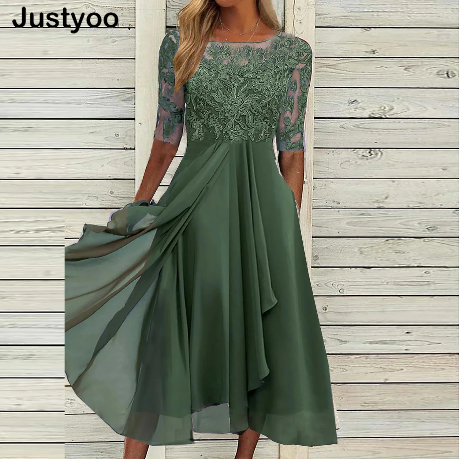 Top Trends: New Elegant Green Party Dress Women O Neck Lace Half Sleeve Prom Dresses For Women Solid A-Line Dress Boho Sexy Long Dress Shoppable Styles