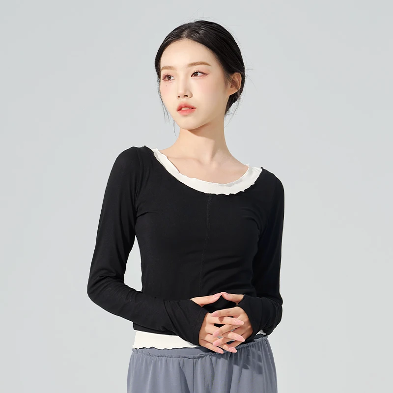 Top Trends: Women Dance Tops Color Splice Knitted Top Fake Two-pieces Knitwear Classical Long Sleeves Dance Costumes Shoppable Styles