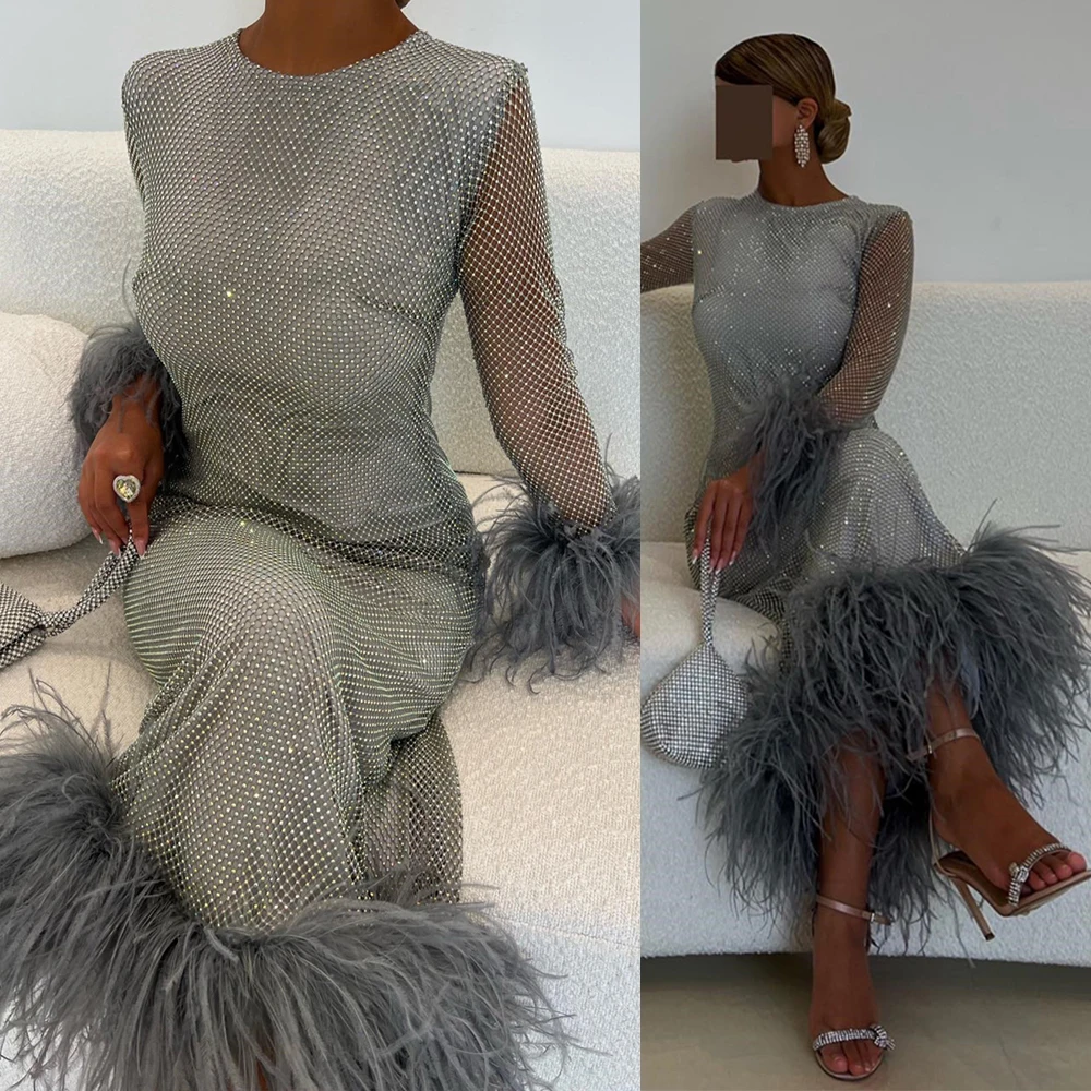 Top Trends: Round Neck Evening Party Dresses Long Sleeve Feathers Exquisite Sheath Prom Gown Illusion Ankle-Length فساتين مناسبة رسمية Shoppable Styles