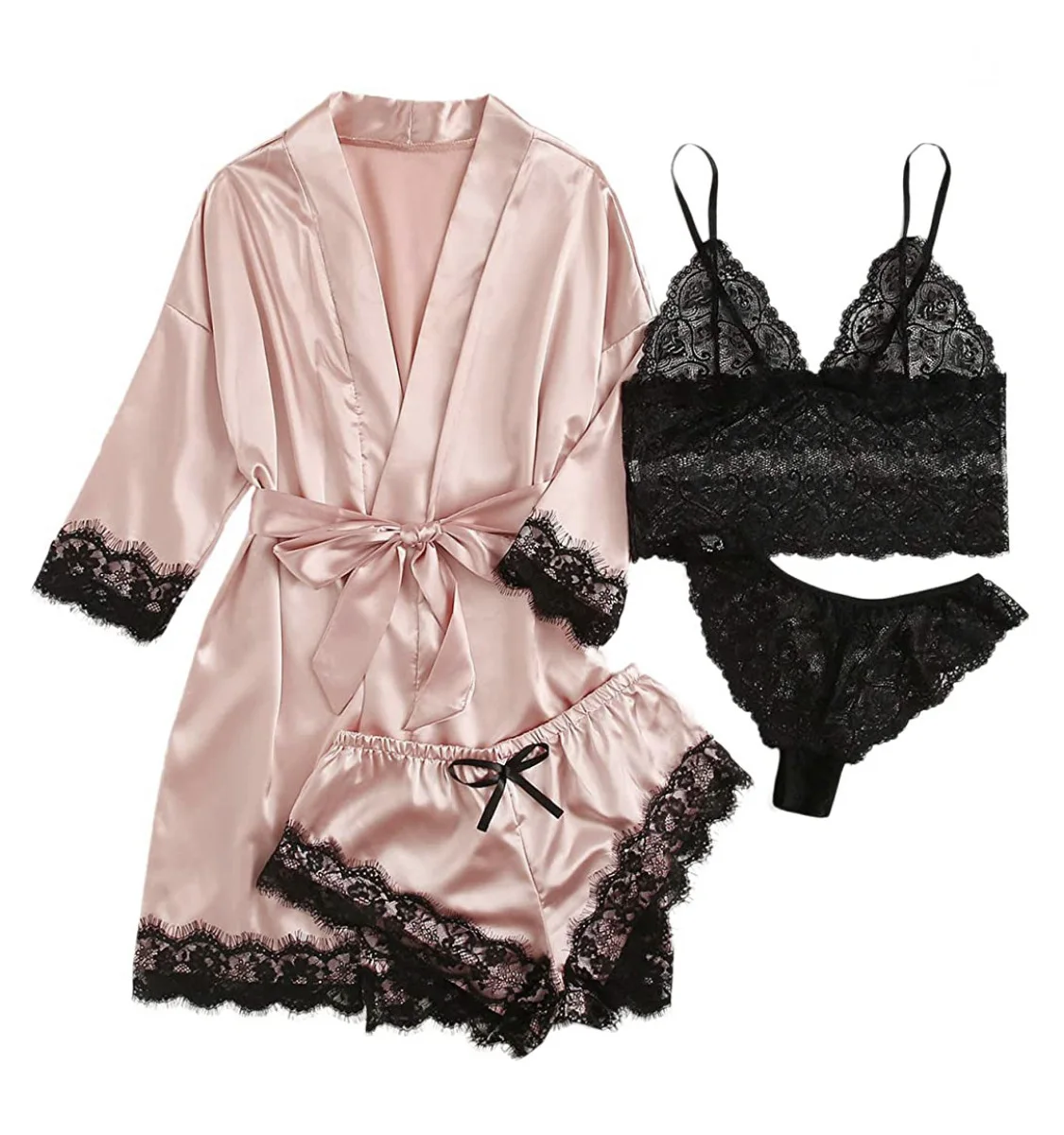 Top Trends: Sexy Women&#039;s Pajamas Underwear 4pcs Lace Satin Pajama Sets With Robe Faux Silk Sleepwear Robe Sets Luxury Nightwear For Women Shoppable Styles