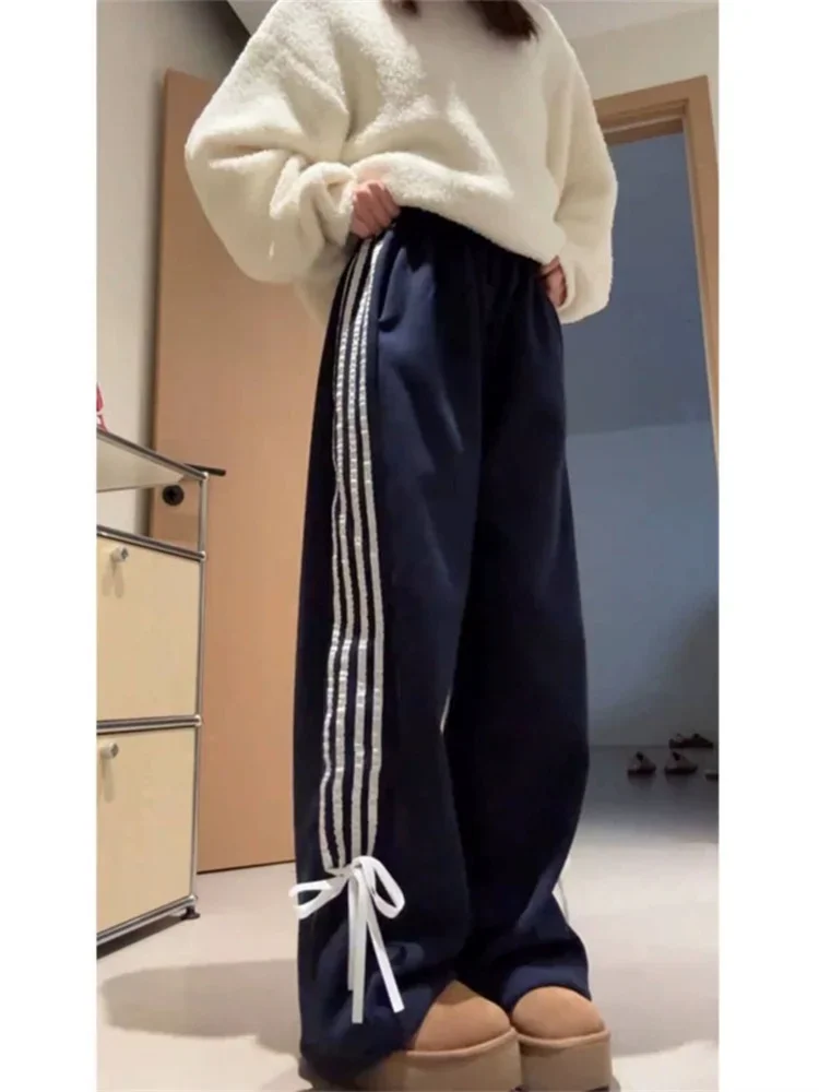 Top Trends: Deeptown Y2K Fleece Sweatpants With Bow Women Korean Style Winter Ribbon Brushed Pants Oversize Harajuku Striped Jogger Trousers Shoppable Styles