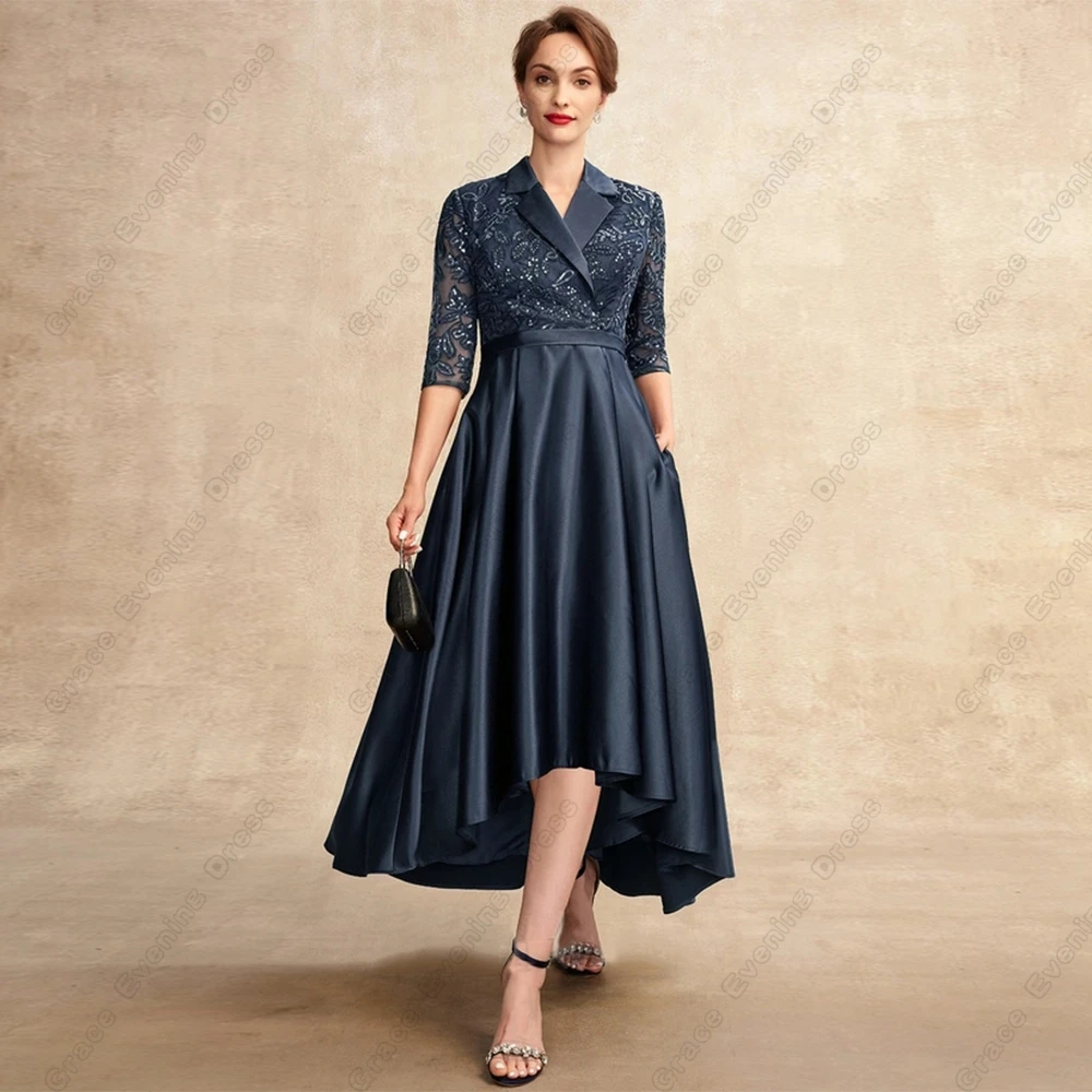 Top Trends: Fashion Navy Blue Three Quarter Mother Of Bride Dresses For Women Strapless Satin Wedding Party Gown With Pocket 2023 Summer Shoppable Styles