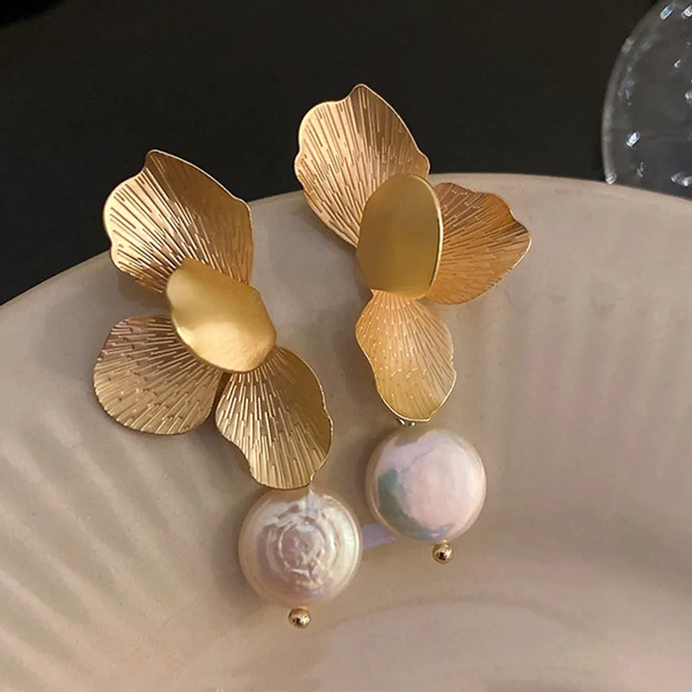 Top Trends: Luxury Gold Color Flower Earrings Baroque Pearl Minar Statement Fashion Jewelry For Women Retro Petal Long Drop Earrings Gift Shoppable Styles