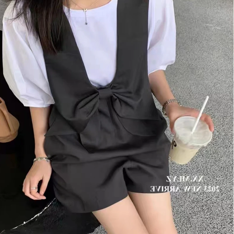 Top Trends: Maternity Formal Clothes Set Puff Sleeve White Shirts+ bowknot Black Overalls Two Pieces Suits Twinset Elegant Pregnant Woman Set Shoppable Styles