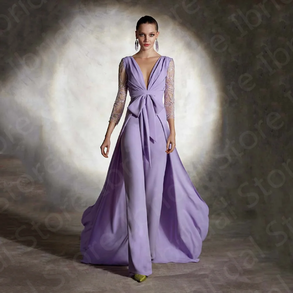 Top Trends: Unique Lilac Mother Of The Bride Dresses V Neckline Pants Suit 3 / 4 Sleeves Wedding Guest Gowns Back Out Bow Belt Shoppable Styles