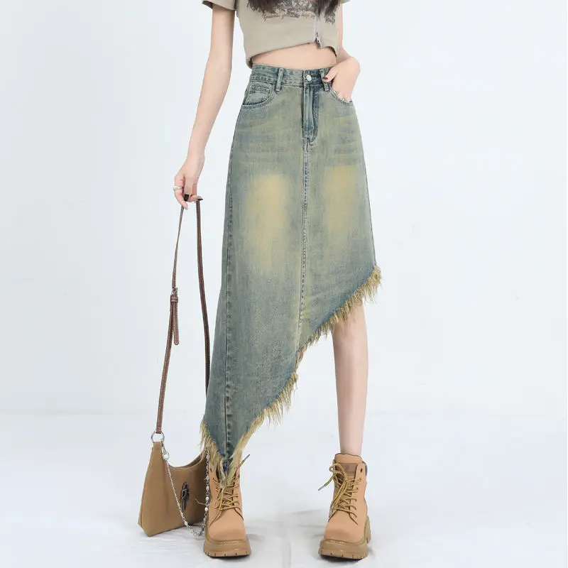 Top Trends: Tassel Raw Edge Women Midi Denim Skirt Spring Summer Korean Streetwear Fashion Irregular Distressed Straight A-line Skirt Shorts Shoppable Styles