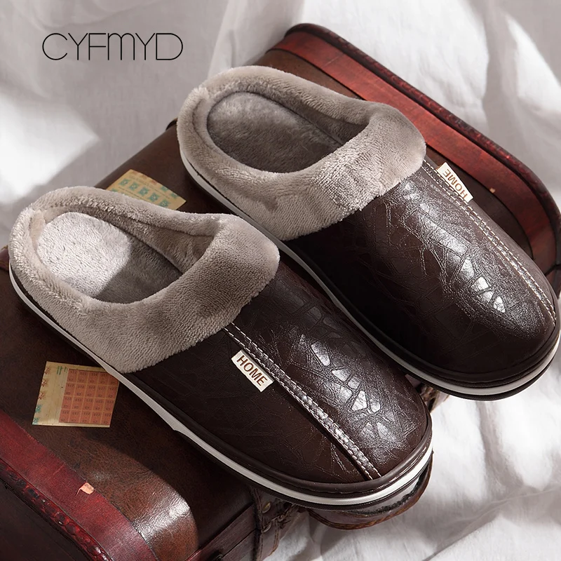 Top Trends: Men Shoes 2021 Home Slippers Men Leather Memory Foam Indoor Slippers For Men Non-Slip Warm Winter House Adult Slipper Plush Shoppable Styles