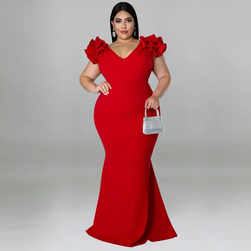 Top Trends: Plus Size Chubby Party Dress Female Ruffle Sleeve Vestido Elegant Wedding Long Robe 2023 Women Luxury Pretty Evening Dress Shoppable Styles