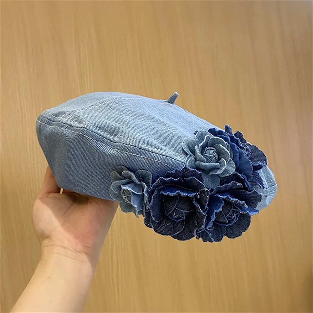 Top Trends: Y2K Korean Designer Vintage Elegance Denim Blue Camellia Beret Hats For Women Spring Summer Femininity Niche Casual Painter Caps Shoppable Styles - Image 3