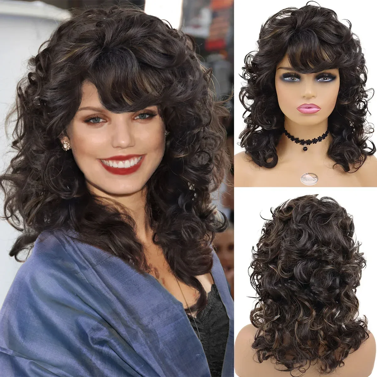 Top Trends: GNIMEGIL Synthetic Wigs For Black Women With Curly Texture And Bangs Brown Highlighted Regular Wig Natural Hairstyle Fluffy Hair Shoppable Styles