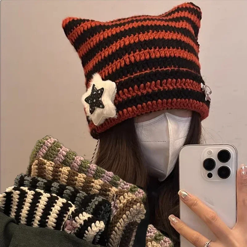 Top Trends: Handmade Beanies Hat Cute Five-star Streetwear Cat Ear Striped Devil Winter Warm Pullover Knitted Cap Pompom Bonnets For Women Shoppable Styles