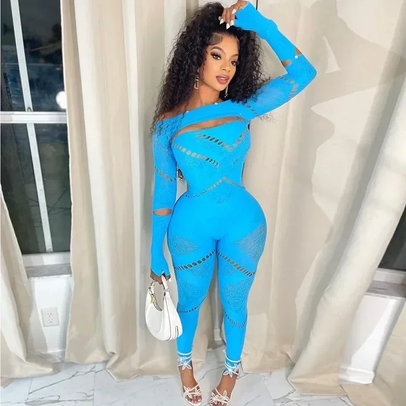 Top Trends: Sexy Lace Hollow Out Diamonds Skinny Jumpsuits Women Autumn Solid O Neck Long Sleeve High Waist Stretch Rompers Club Streetwear Shoppable Styles