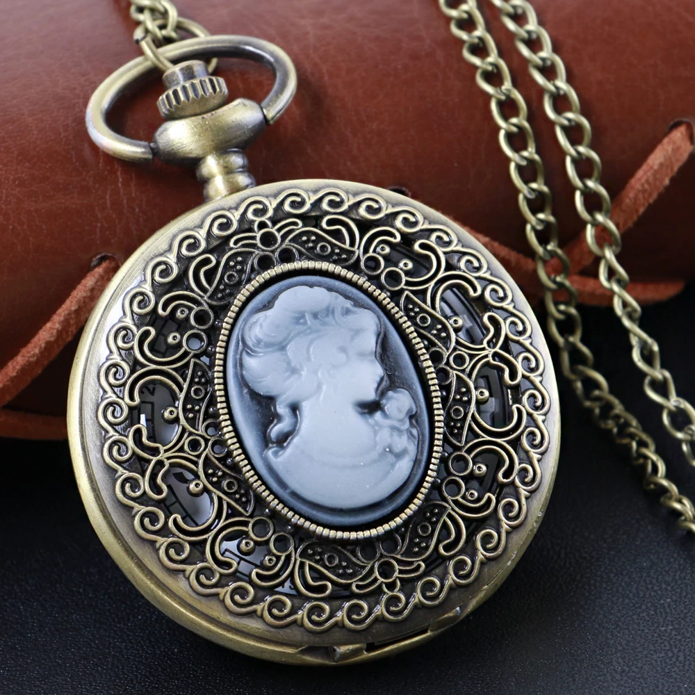 Top Trends: Retro Women&#039;s Head Stone Relief Quartz Pocket Watch Bronze Pendant Necklace Chain Universal Fob Watch For Boys And Girls XH004 Shoppable Styles