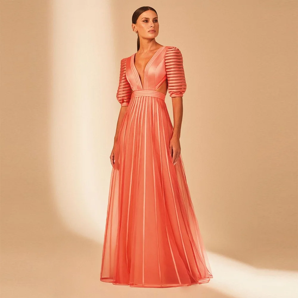 Top Trends: Sevintage Elegant A Line Long Prom Dresses V Neck Short Sleeves Pleat Ruched Evening Gowns Special Occasion Dress 2023 Shoppable Styles