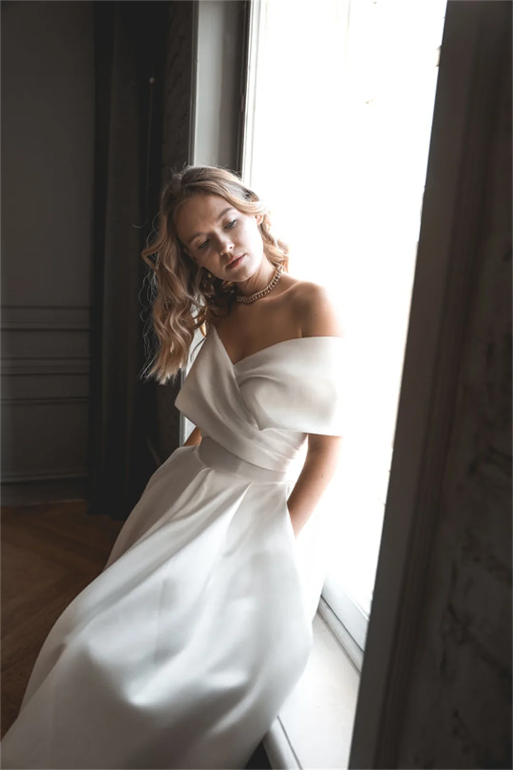 Top Trends: Satin Off The Shoulder Wedding Dress Pleat A-Line Mid-Calf Bridal Lace Up Dresses With Pocket Sexy Back Civil Bride Custom Gown Shoppable Styles - Image 3