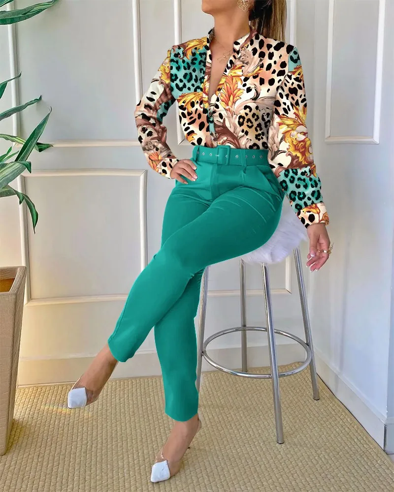 Top Trends: 2022 Two Piece Sets Autumn New Women&#039;s Fashion Print Stand-Up Collar Long-Sleeved Shirt Top With Belt Solid Color Trousers Shoppable Styles