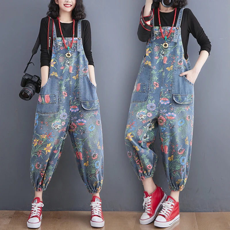 Top Trends: Fashion Streetwear Print Floral Denim Overalls For Women Dungarees New Straps Baggy Rompers Pants Loose Wide Leg Jeans Jumpsuit Shoppable Styles