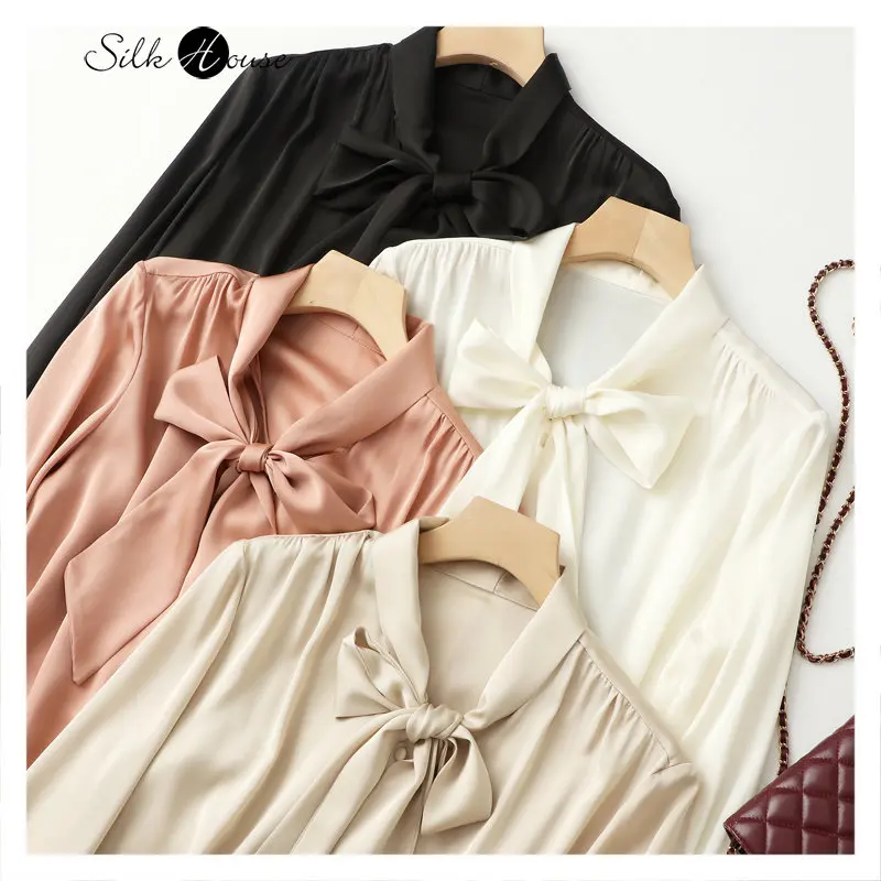 Top Trends: Silk Ribbon Bow Shirt Solid Color Bottom Top Mulberry Silk Long Sleeve 2023 Women's Fashionable Spring And Summer New Style Shoppable Styles