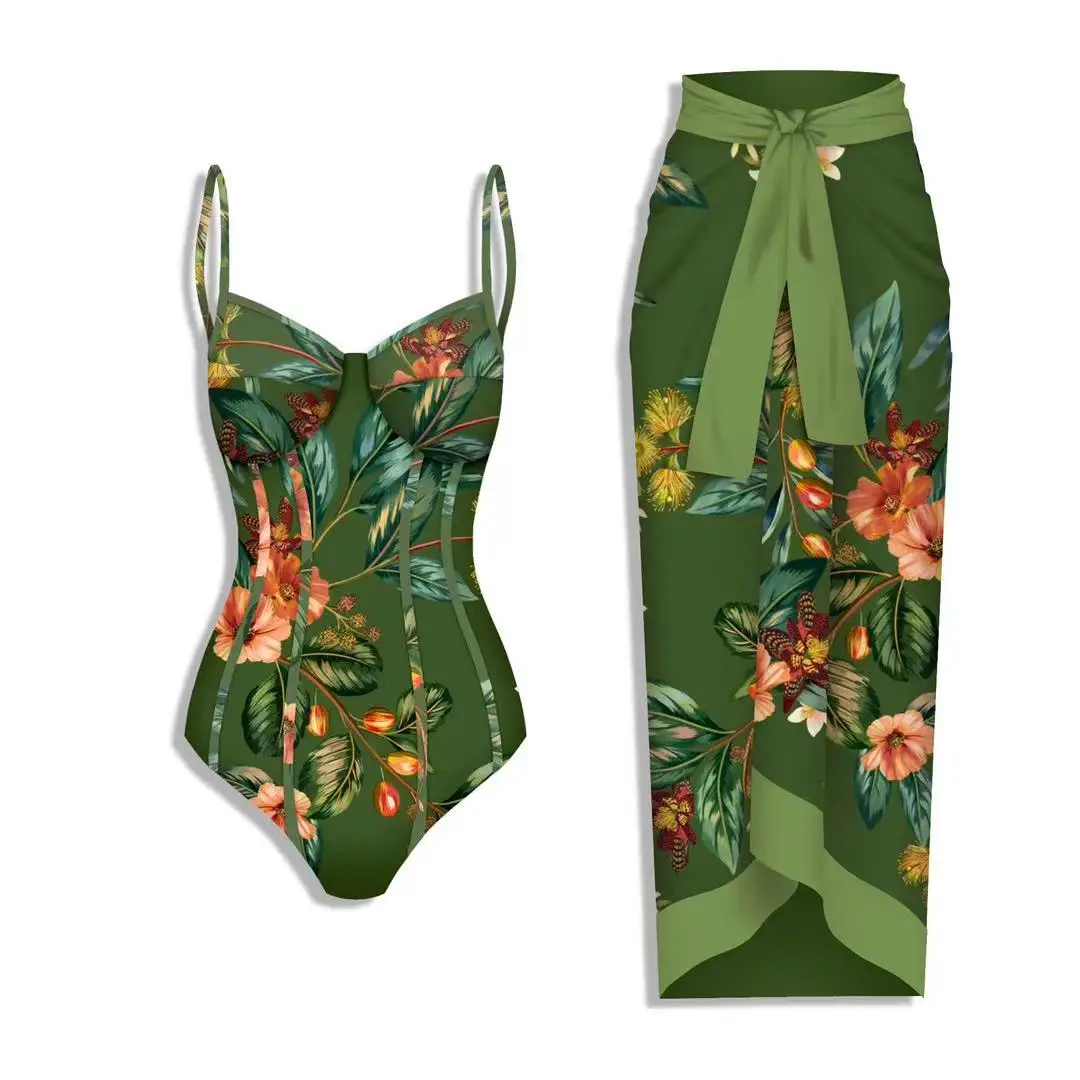 Top Trends: LANSWE Sexy High Waist Green Floral 2023 New Swimwear Women&#039;s One Piece Swimsuit Cover Up Set Printed Bodysuit Swimwear Summer Shoppable Styles