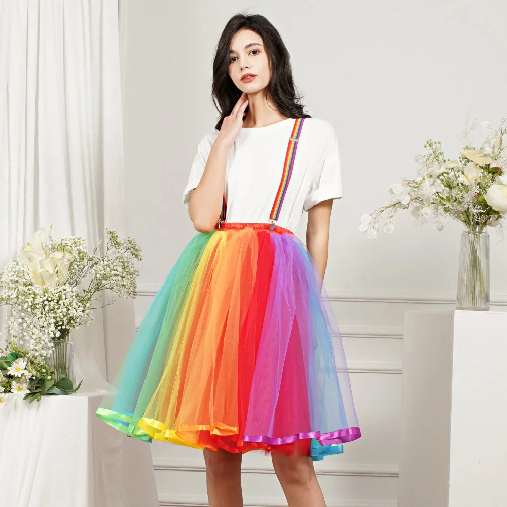 Top Trends: 7 Colors Women Vintage Rainbow Skirts Strap A-line 5 Layers Tulle Ballet Party Dance Midi Puffy Petticoat Dress Cosplay Costumes Shoppable Styles