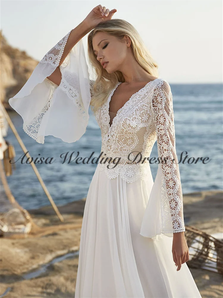 Top Trends: Bohemian A Line Chiffon Wedding Dresses 2023 V Neck Long Sleeve Lace Applique Backless For Women Bridal Gown Vestidos De Novia Shoppable Styles