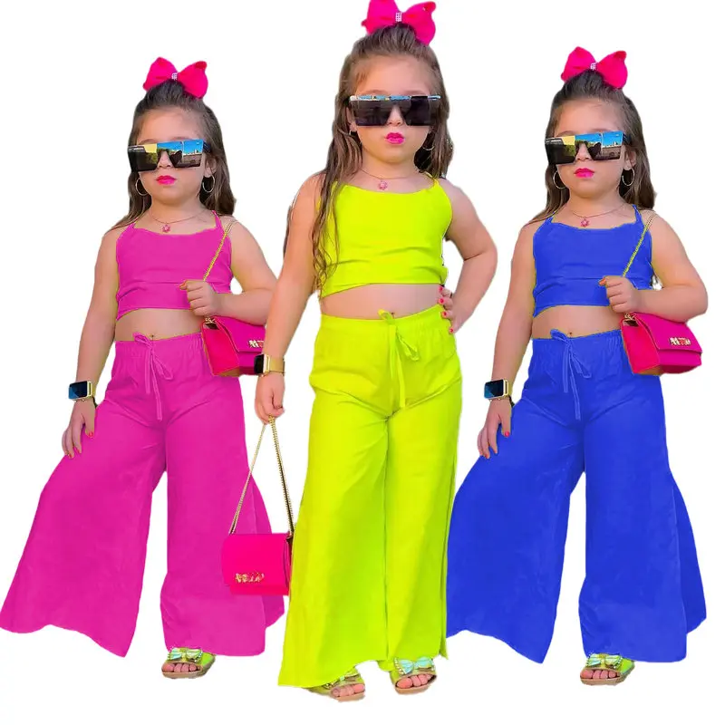 Top Trends: Summer Children's Clothing Sets For Baby Girl Outfit Halter Crop Tops+ Wide Leg Pants Toddler Kids New Clothing Outfits Shoppable Styles