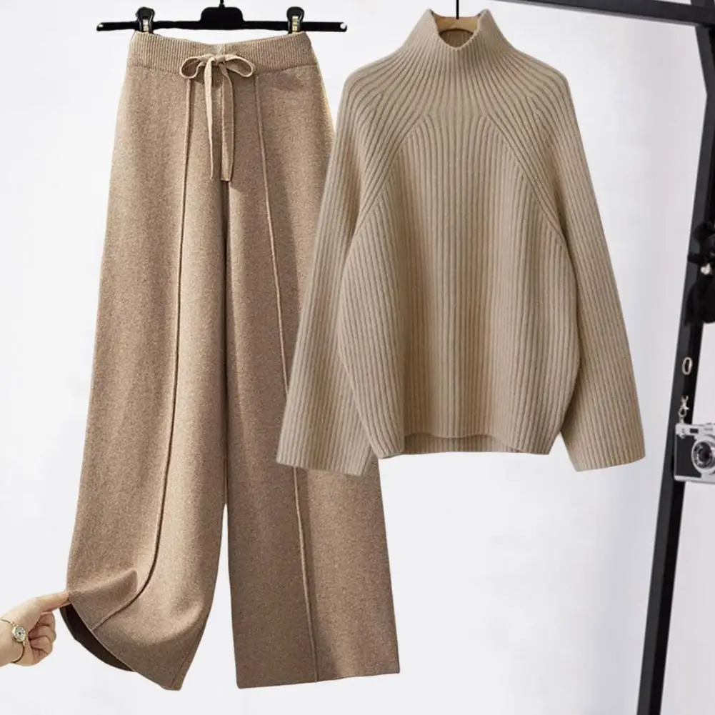 Top Trends: Autumn Winter Warm Knitted Suit Women Long Sleeve Half Turtleneck Knitting Sweater And Wide Leg Pants Sets Outer Wear Loose Set Shoppable Styles