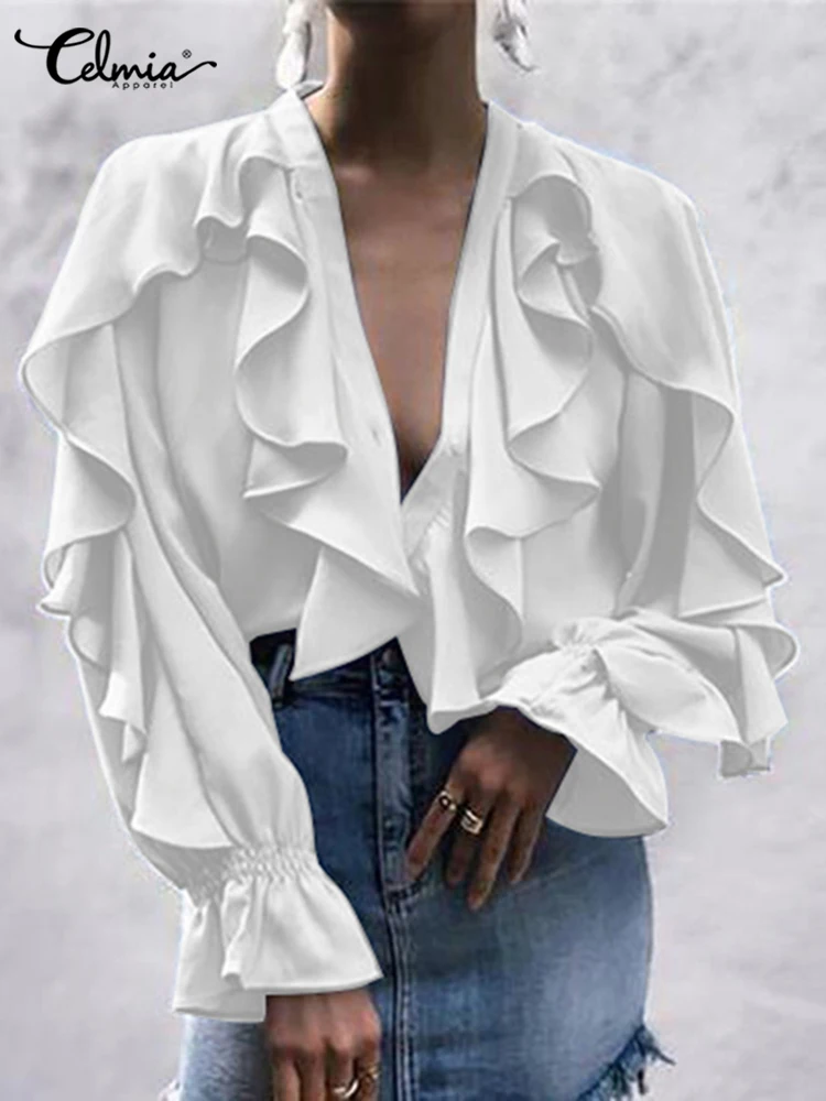 Top Trends: Celmia Women Ruffles Blouses 2023 Fashion Sexy V Neck Tops Elegant Long Sleeve Flare Cuff Shirts Casual Button Up Party Blusas Shoppable Styles