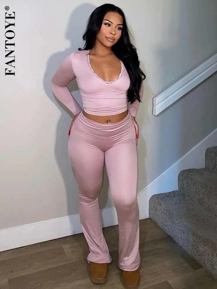 Top Trends: Fantoye Sexy Deep V-neck Lace Women Two Piece Sets Pink Long Sleeve T-shirt High Waist Pant Female Skinny Casual Pant Suit 2024 Shoppable Styles