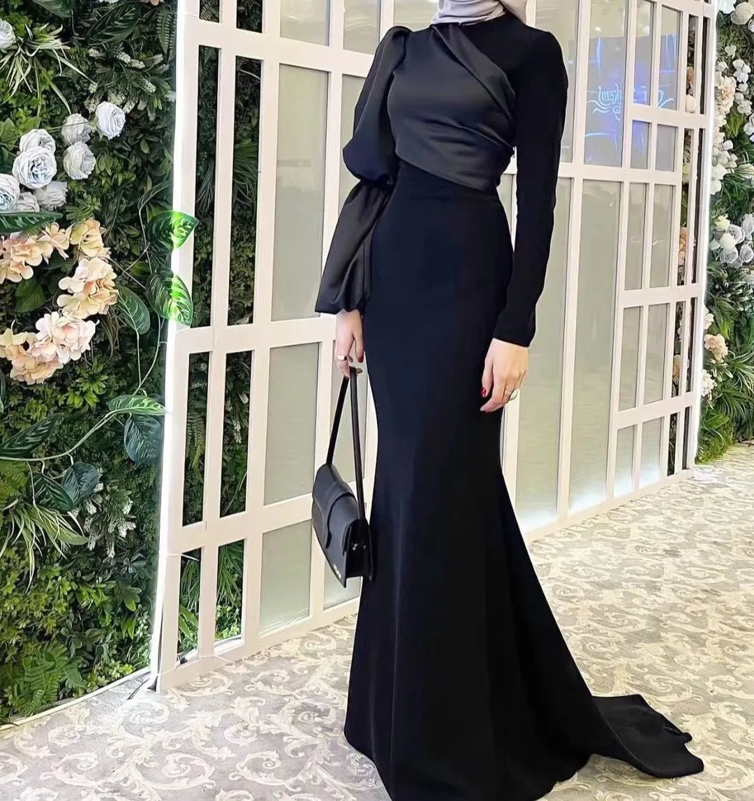 Top Trends: Saudi Arabia Women Wear Black Mermaid Dresses For Evening Party Ruched Long Sleeves Zipper Back Dubai Prom Trumpet Gowns Shoppable Styles