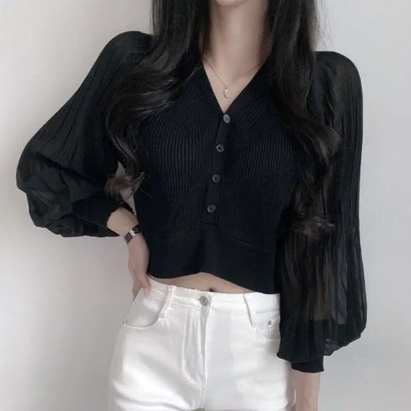 Top Trends: 2023 Spring New V-Neck Lantern Sleeve Solid Color Korean All-match Temperament Single-breasted Thin Fashion Slim French Blouse Shoppable Styles