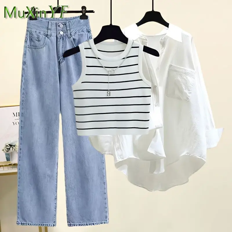 Top Trends: Women's 2024 Summer New Casual Denim Wide Leg Pants Matching Set Korean Elegant Sunscreen Shirt+ Tank Top+ Jeans Three Piece Suit Shoppable Styles