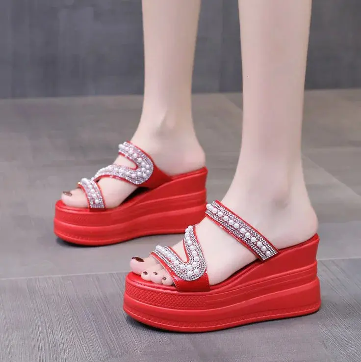 Top Trends: Women Summer Red Wedges Sandals Platform Super High Heels Slippers Woman Outdoor Casual Thick Bottom Peep Toe Slides White Heels Shoppable Styles