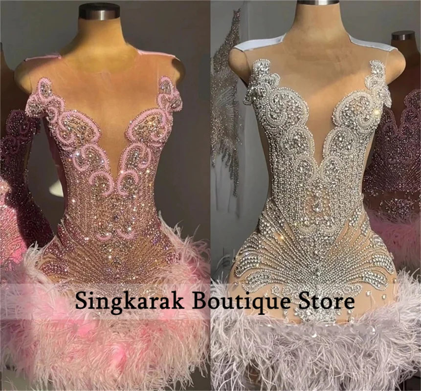 Top Trends: Sparkly Pink Rhinestones Sexy Short Prom Dress 2024 Luxury Beads Crystal Feathers Birthday Party Coctail Dress Robes Homecoming Shoppable Styles