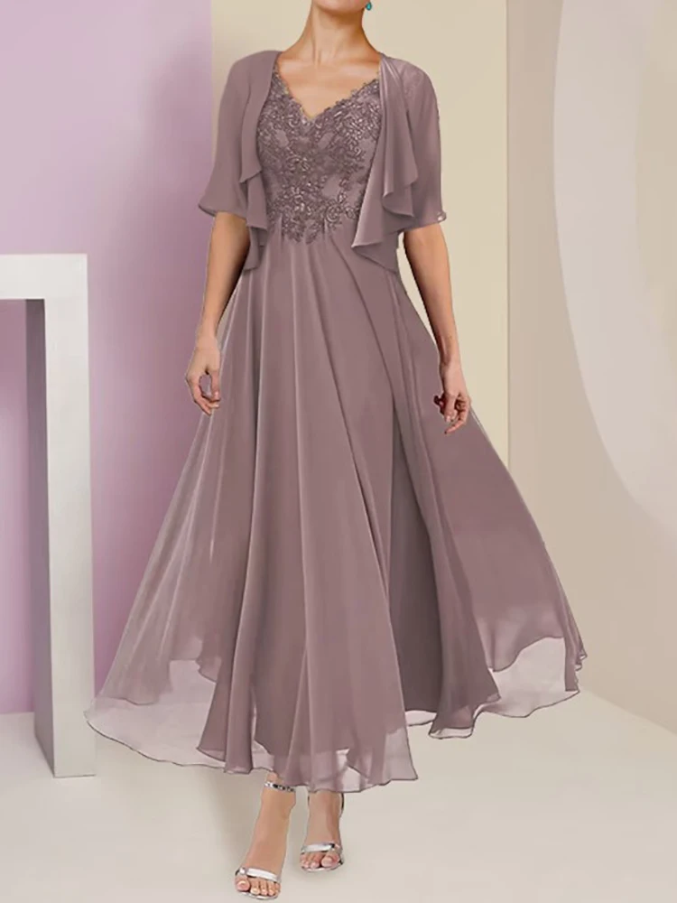 Top Trends: Elegant Chiffon Two Piece Mother Of The Bride Dresses A Line Lace Appliques V Neck Short Sleeves Ankle Length Wedding Guest Gown Shoppable Styles