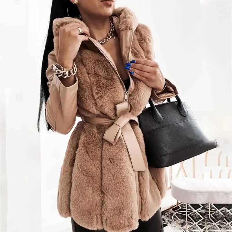 Top Trends: Hooded Solid Color Zipper Jacket Coat Long Sleeve Y2K Fur Coat Outwear Women With Belt Fur Keep Warm Winter PU Jackets Coats Shoppable Styles