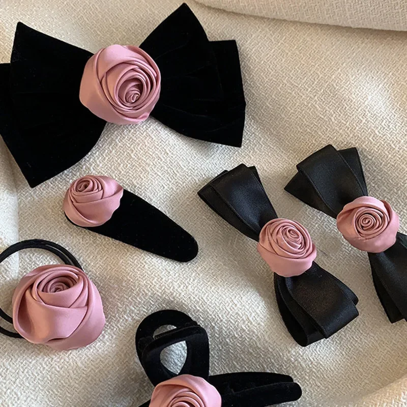 Top Trends: Pink Flower Bow Tie Barrettes Girlish Style Rose Hair Band Vintage Hair Accessories Hair Clips For Women Заколки Для Волос Shoppable Styles