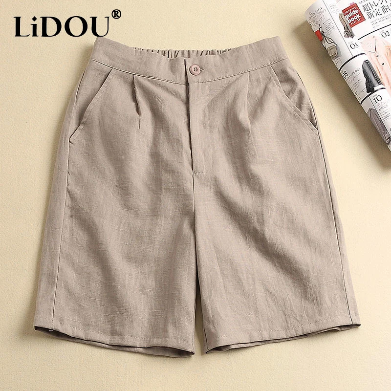 Top Trends: Summer New Fashion Solid Color High Waist Pockets Knee Length Pants Women Elastic Waist All-match Cotton Hemp Straight Shorts Shoppable Styles