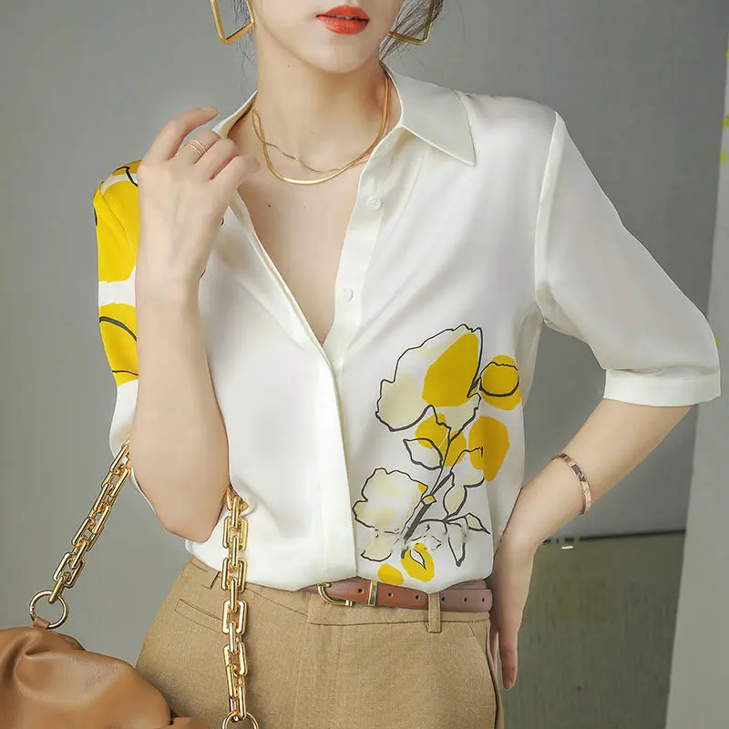 Top Trends: Fashion Printed Lapel Half Sleeve Oversized Loose Button Shirt Summer New Casual Tops Elegant Women's Clothing Commute Blouse Shoppable Styles