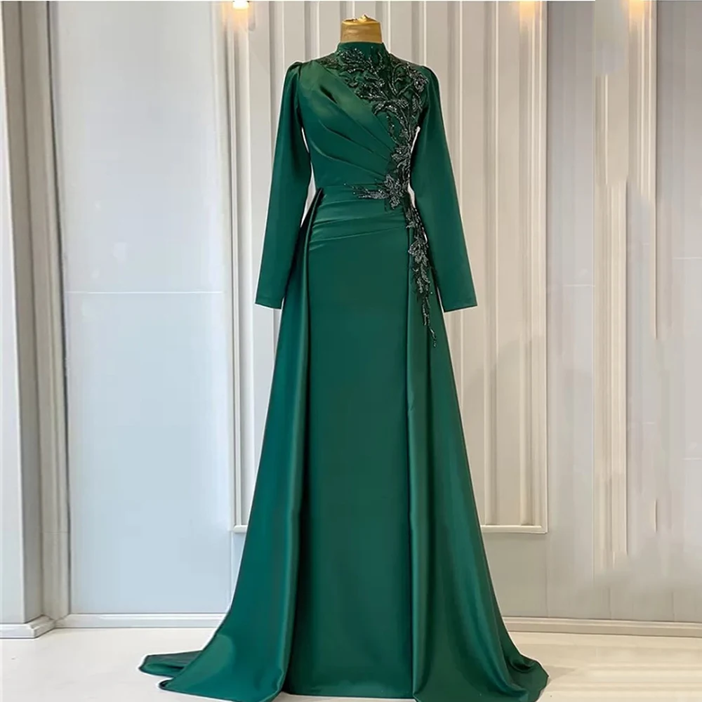 Top Trends: Modern Evening Dresses For Women Lace Applique Full Sleeves High Neck Prom Gown Satin Mermaid Sweep Train Robes De Cocktail Shoppable Styles