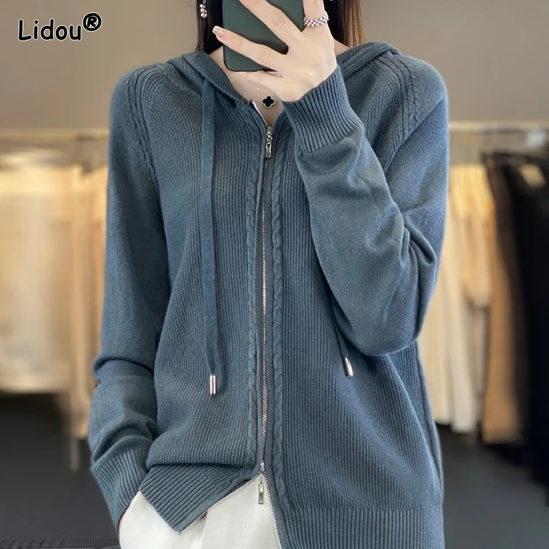 Top Trends: 2023 New Autumn And Winter Commuting Simple Solid Color Jacquard Pit Stripe Loose Oversize Long Sleeved Knitted Hooded Sweater Shoppable Styles