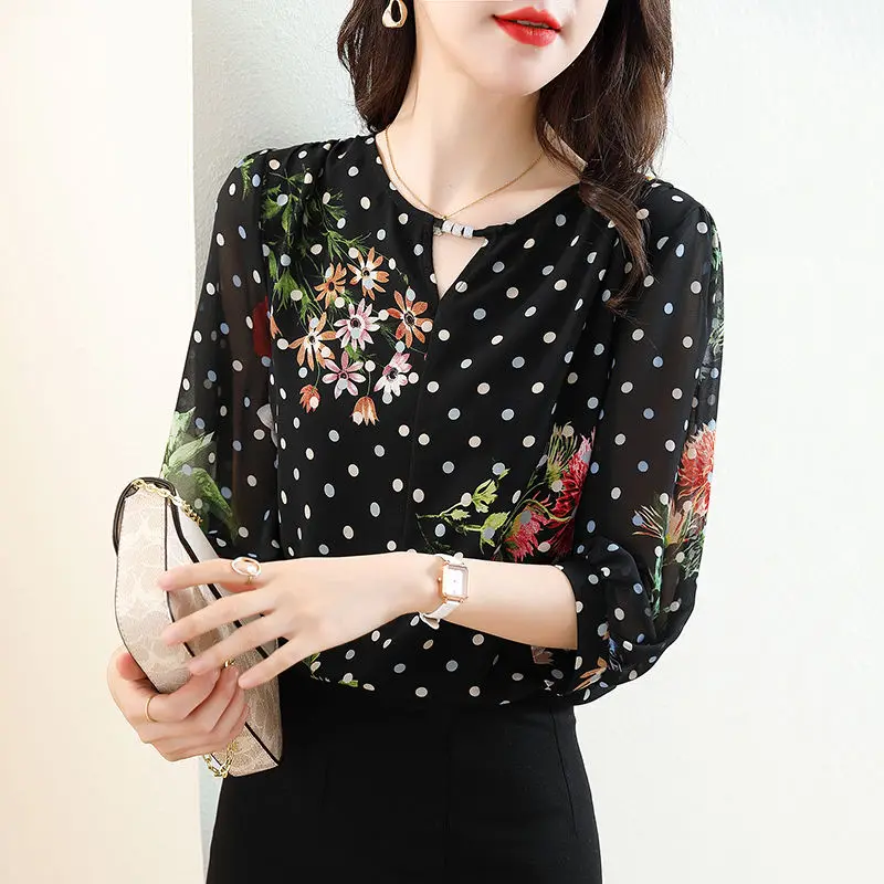 Top Trends: Fashion Printed Diamonds Polka Dot Floral Chiffon Blouse Women&#039;s Clothing 2023 Autumn New Oversized Casual Tops Commuter Shirt Shoppable Styles