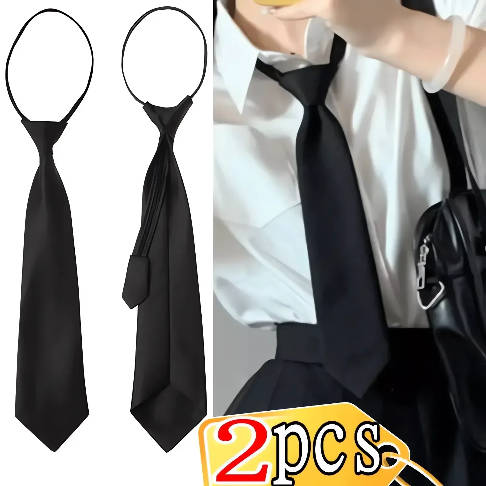 Top Trends: 2 / 1pcs Black Unisex Zipper Ties Retro Silky Narrow Neck Tie Slim Smooth Women Bow Tie Korean Simple Elegant All-match Trendy Tie Shoppable Styles