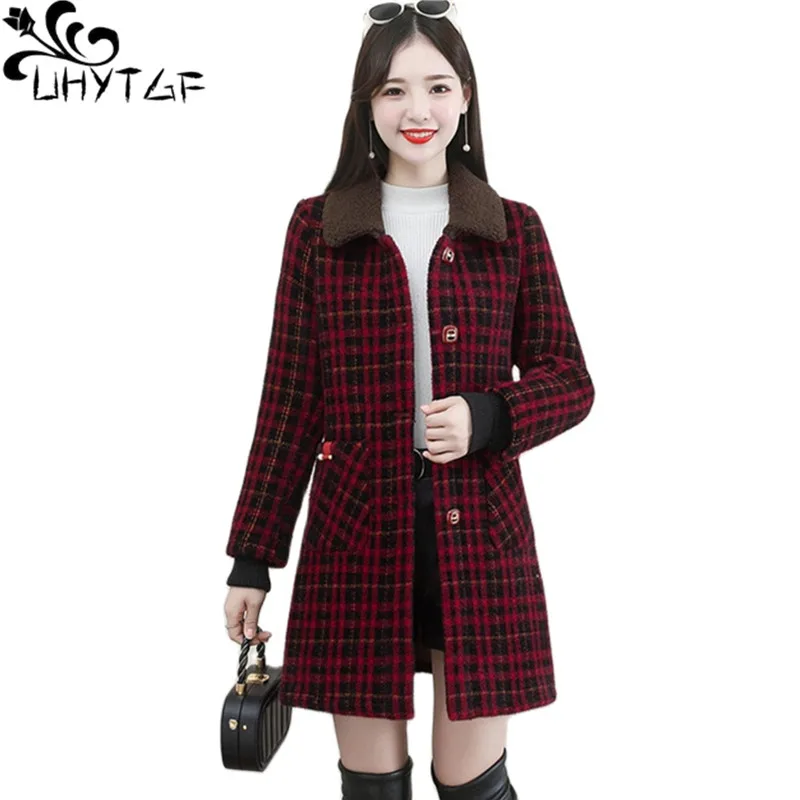 Top Trends: UHYTGF XL-6XL Winter Coat Women Fashion Stitching Medium Length Plaid Woolen Jacket Female Korean Slim Warm Ladies Overcoat 2261 Shoppable Styles