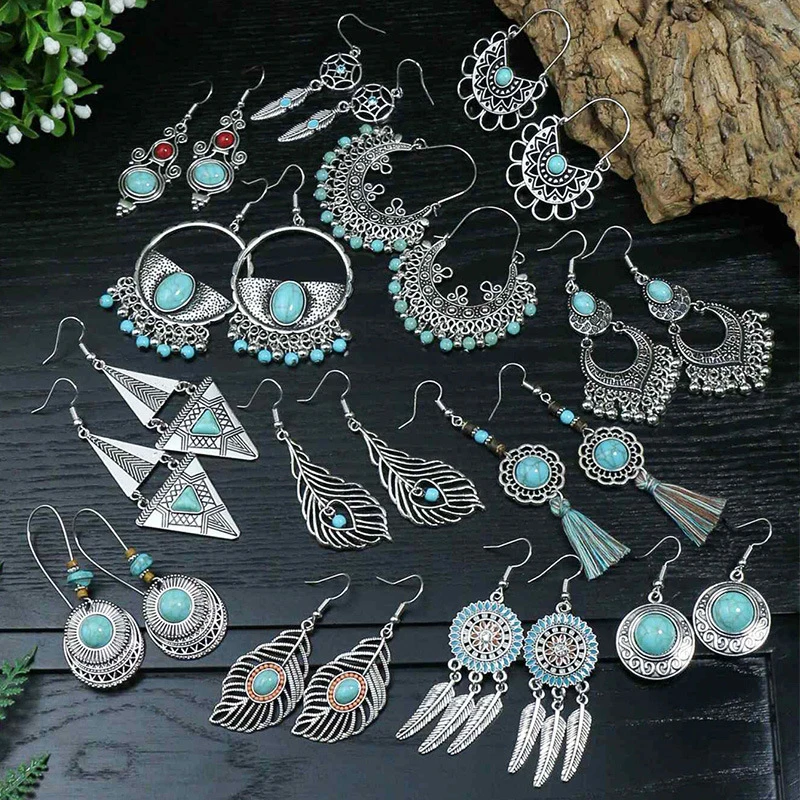 Top Trends: 53 Styles Bohemian Vintage Tibetan Silver Geometric Drop Earrings For Women Ethnic Blue Stone Tassel Dangle Earrings Jewelry Shoppable Styles