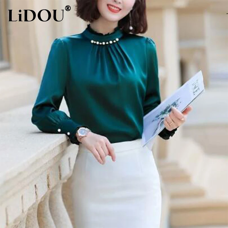 Top Trends: Spring Autumn Ruffles Stand Collar Satin Blouse Top Women Office Lady Elegant Beading Blusa Oversized Shirt All-match Pullovers Shoppable Styles