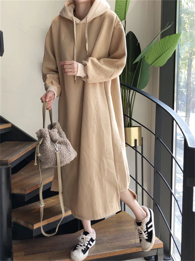 Top Trends: Women Dress Sweater Women Dress Thick Winter Fall Long Sleeve Dresses Maxi Vintage Oversize Knitting Hooded Hoodie Oversize Shoppable Styles